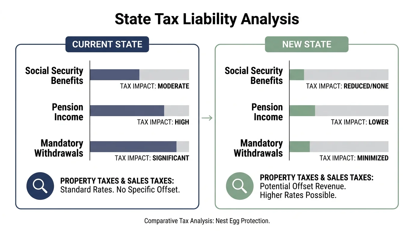 A financial diagram comparing tax liabilities between states, including Social Security and pension income.