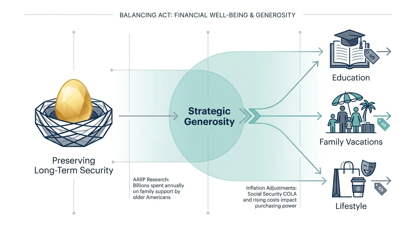 A financial diagram showing the balance between retirement security and family spending on education and travel.