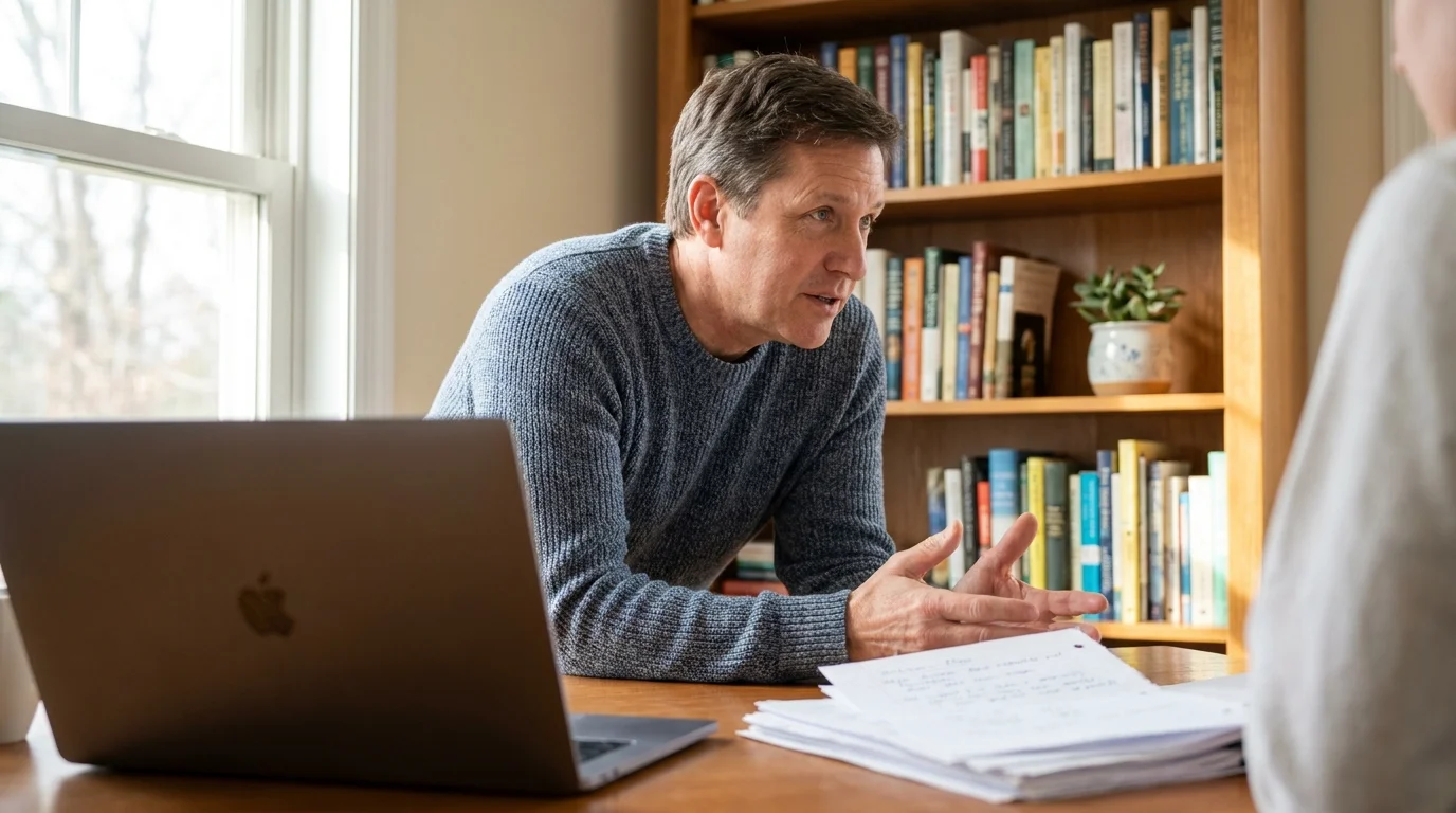 A financial expert in a home office setting provides advice, representing the professional guidance mentioned in the text.