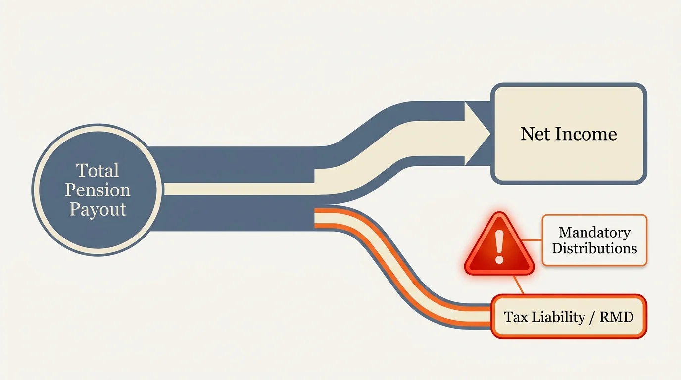 A financial flow chart showing how a pension payout is split between net income and tax liabilities.