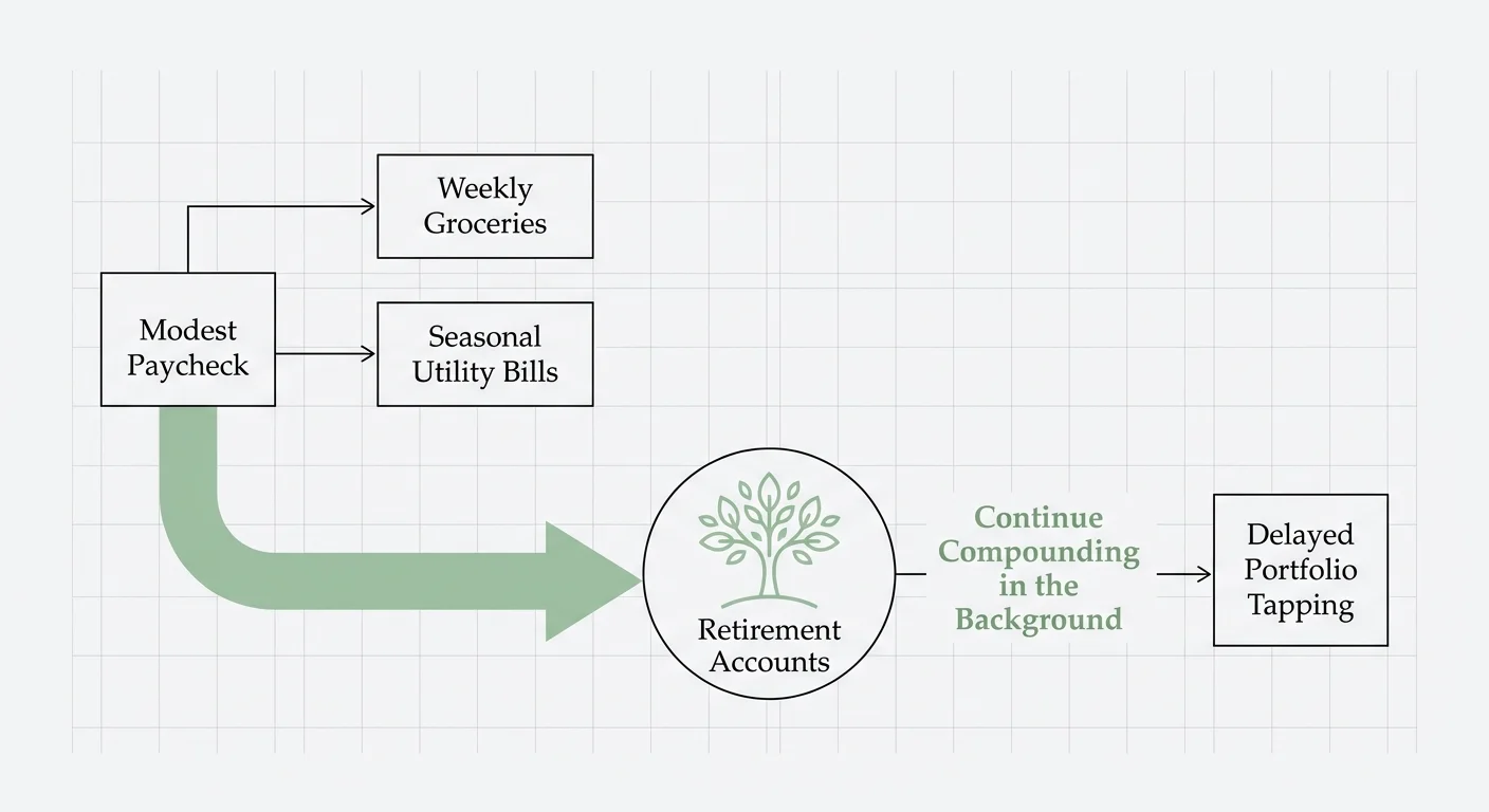 A financial flow diagram showing how a part-time paycheck covers living expenses while retirement accounts grow.