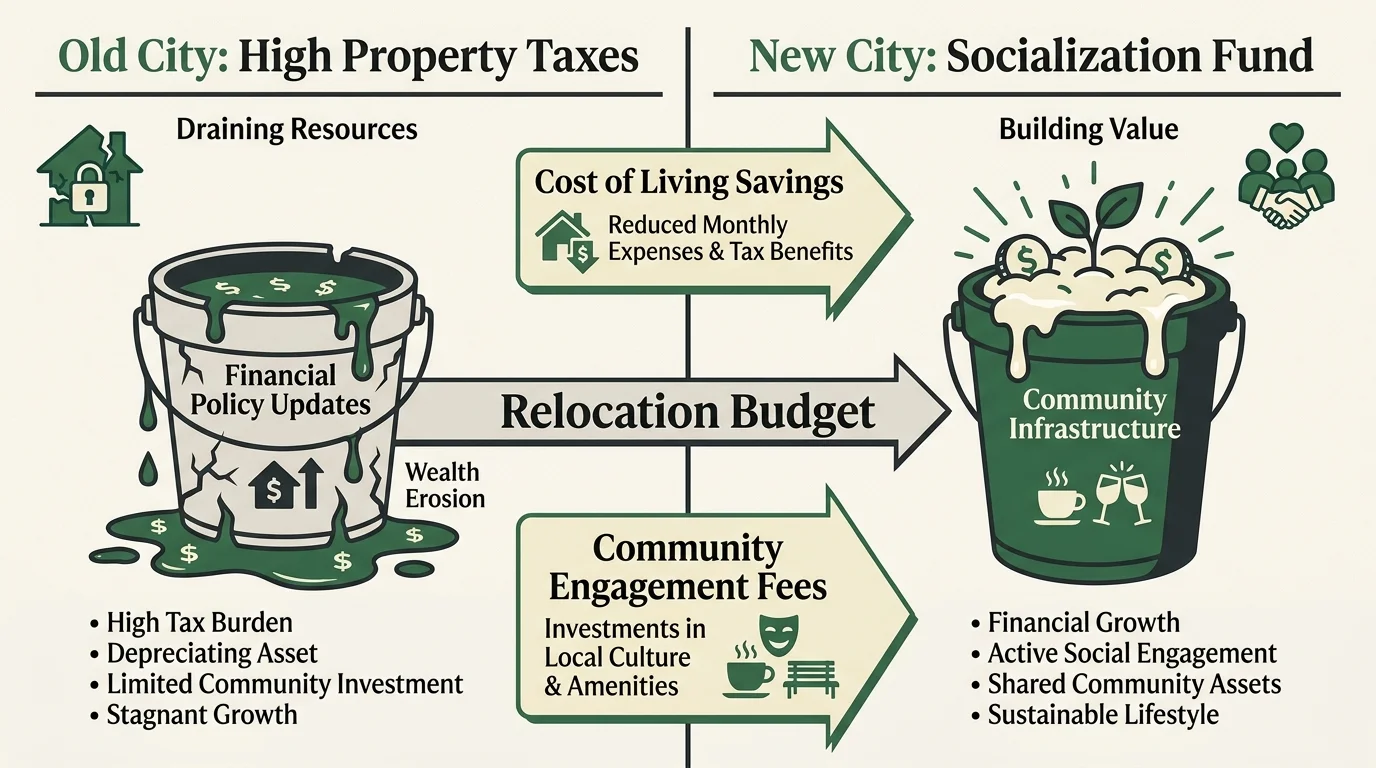 A financial infographic comparing high property taxes in old cities to a dedicated socialization fund in a new retirement location.