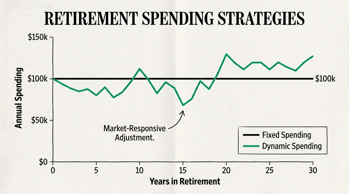 A financial line graph comparing fixed spending to market-responsive dynamic spending in retirement.