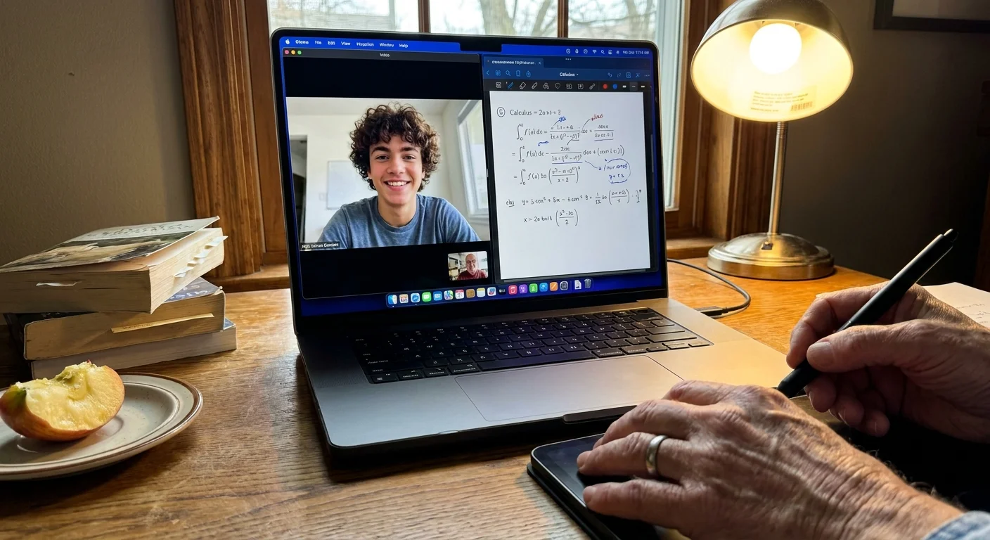 A first-person view of a virtual tutoring session on a laptop screen, showing a student and a math equation.