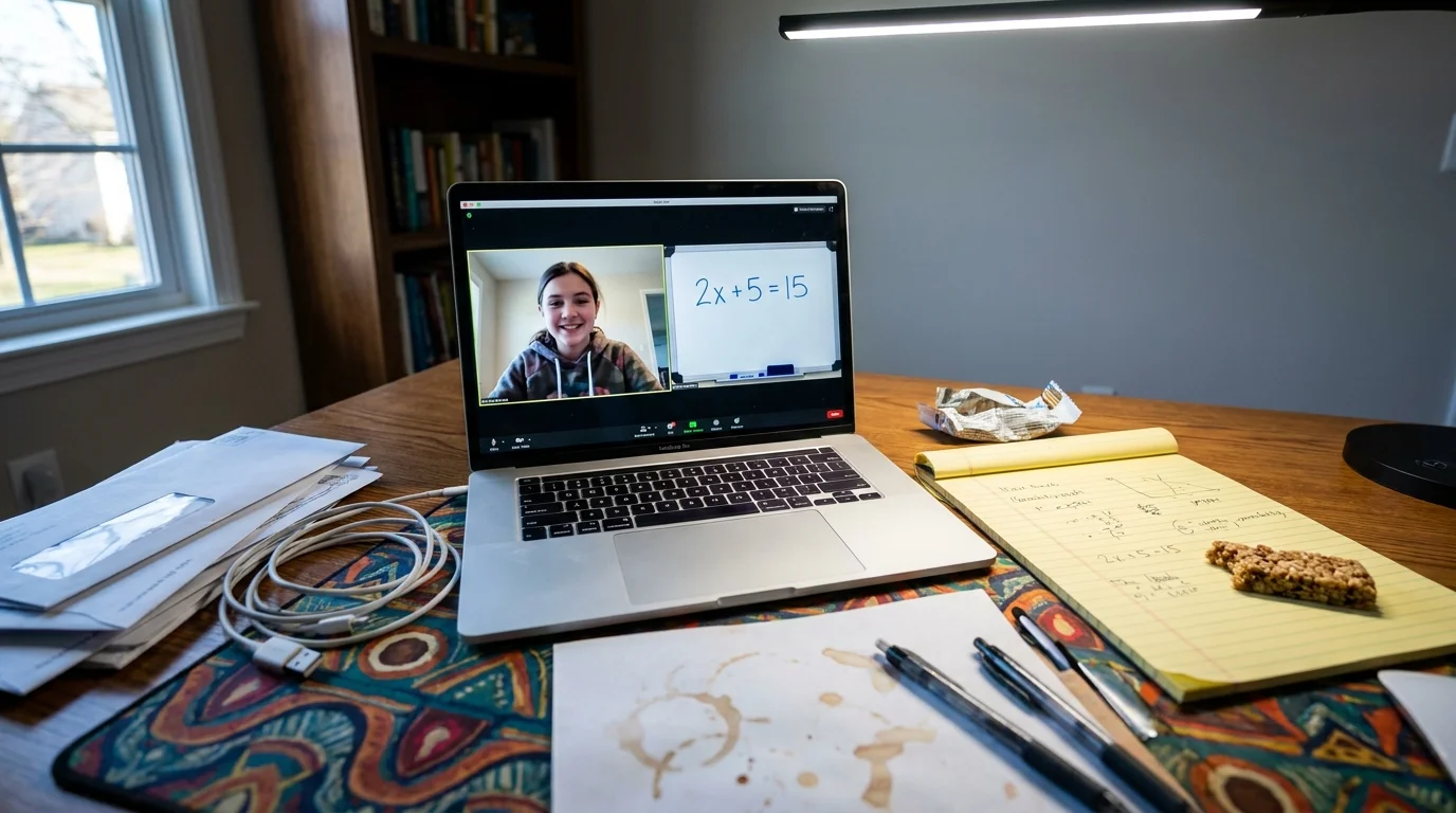 A first-person view of an online tutoring session on a laptop screen with a math equation visible.