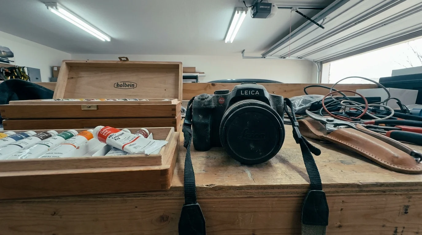 A flat-lay photo of various expensive, unused hobby equipment like oil paints and a camera on a dusty workbench.