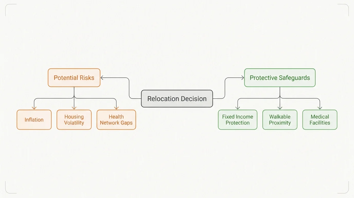 A flowchart diagram weighing the risks of relocation against protective safeguards like healthcare and fixed income.