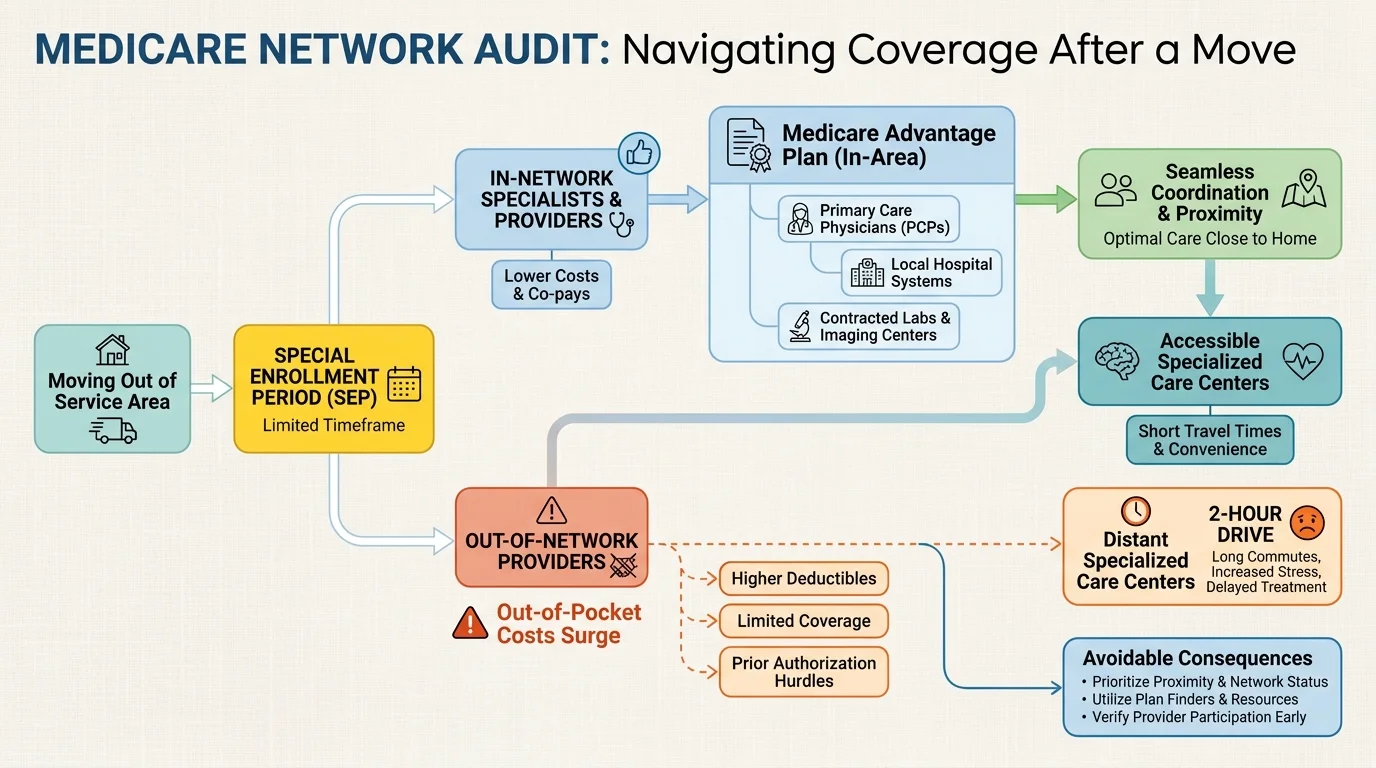 A flowchart showing the Medicare enrollment process and the financial risks of out-of-network healthcare providers.