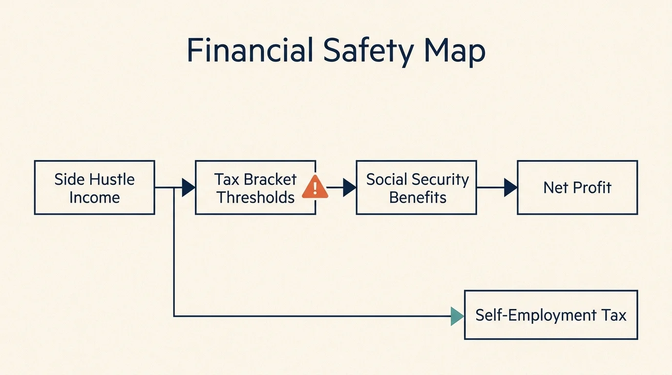 A flowchart titled Financial Safety Map showing the relationship between side hustle income, taxes, and benefits.