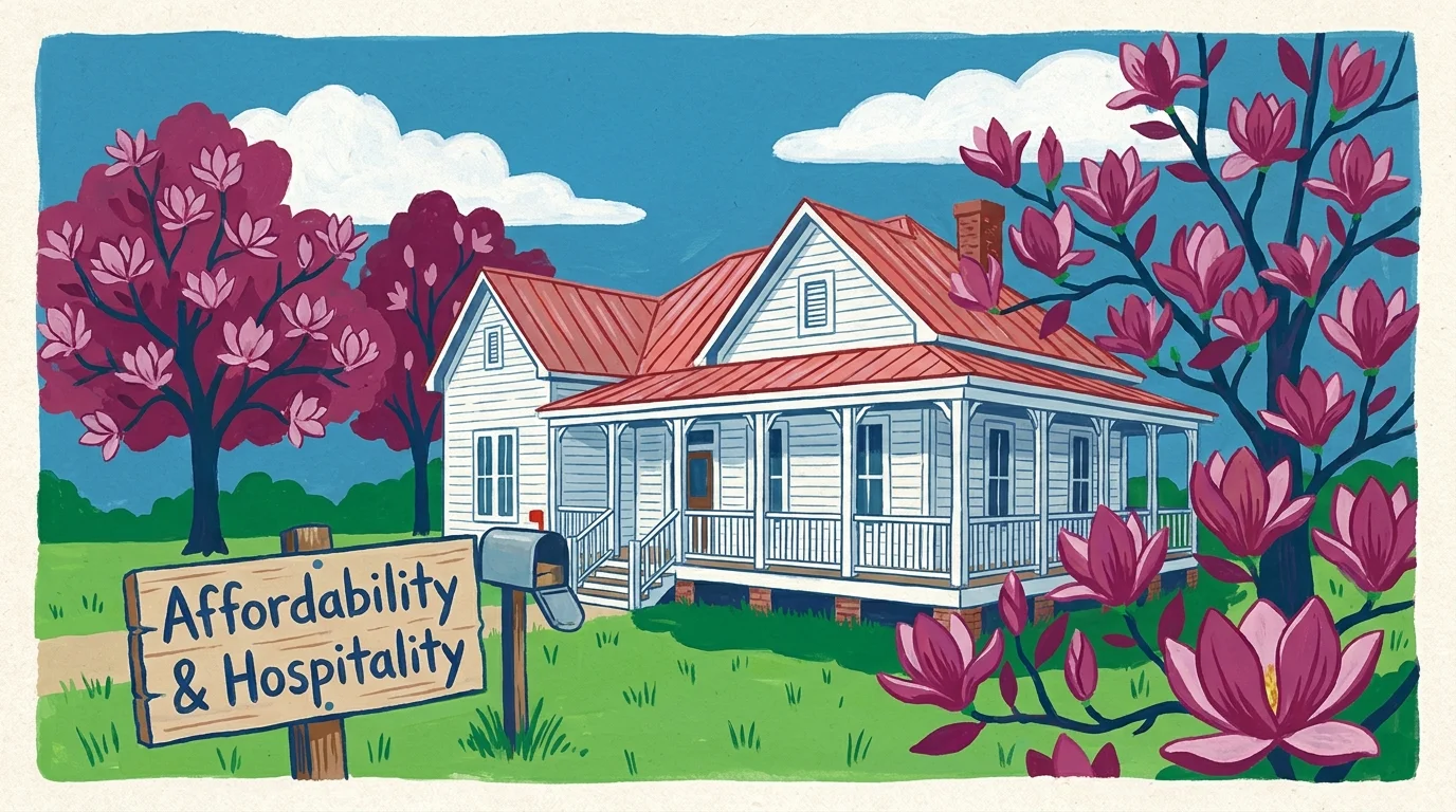A folk-art style gouache painting of a Mississippi home with magnolia trees and a welcome sign.