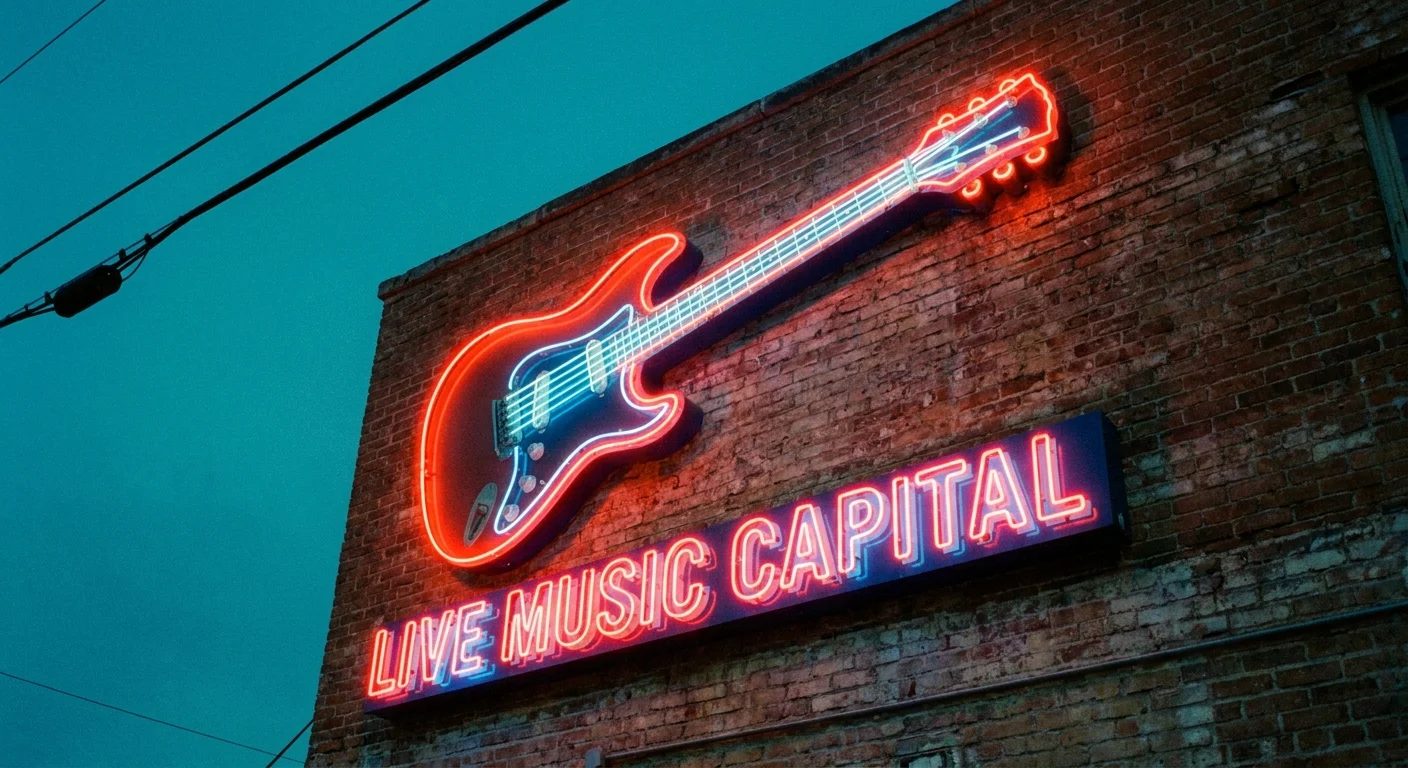 A glowing neon guitar sign on a brick wall at night, reading 'Live Music Capital' in Austin, Texas.