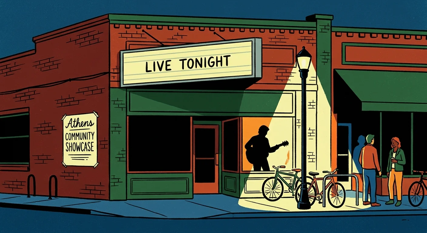 A gouache illustration of a cozy brick music venue at night with a 'Live Tonight' sign.