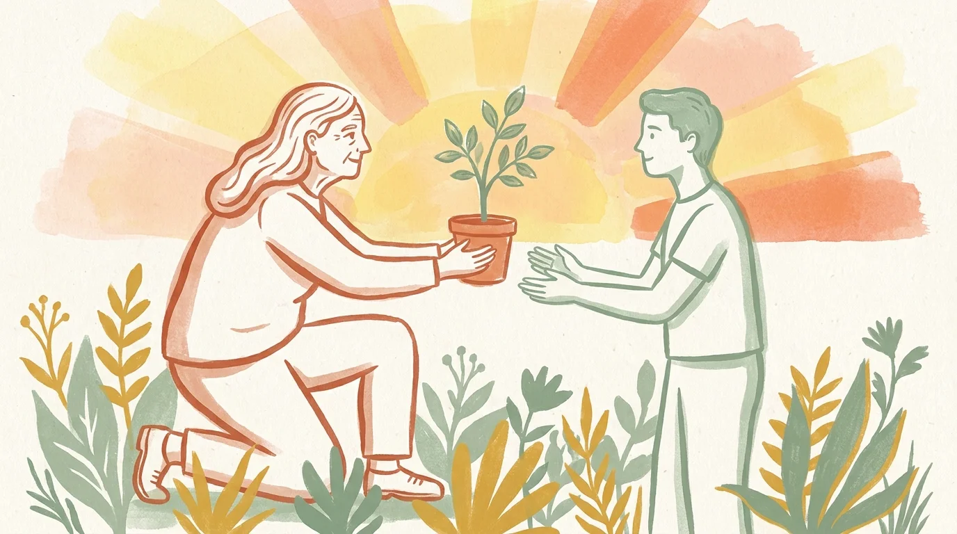 A gouache illustration of a senior handing a sapling to a younger person, symbolizing the gifting of assets.