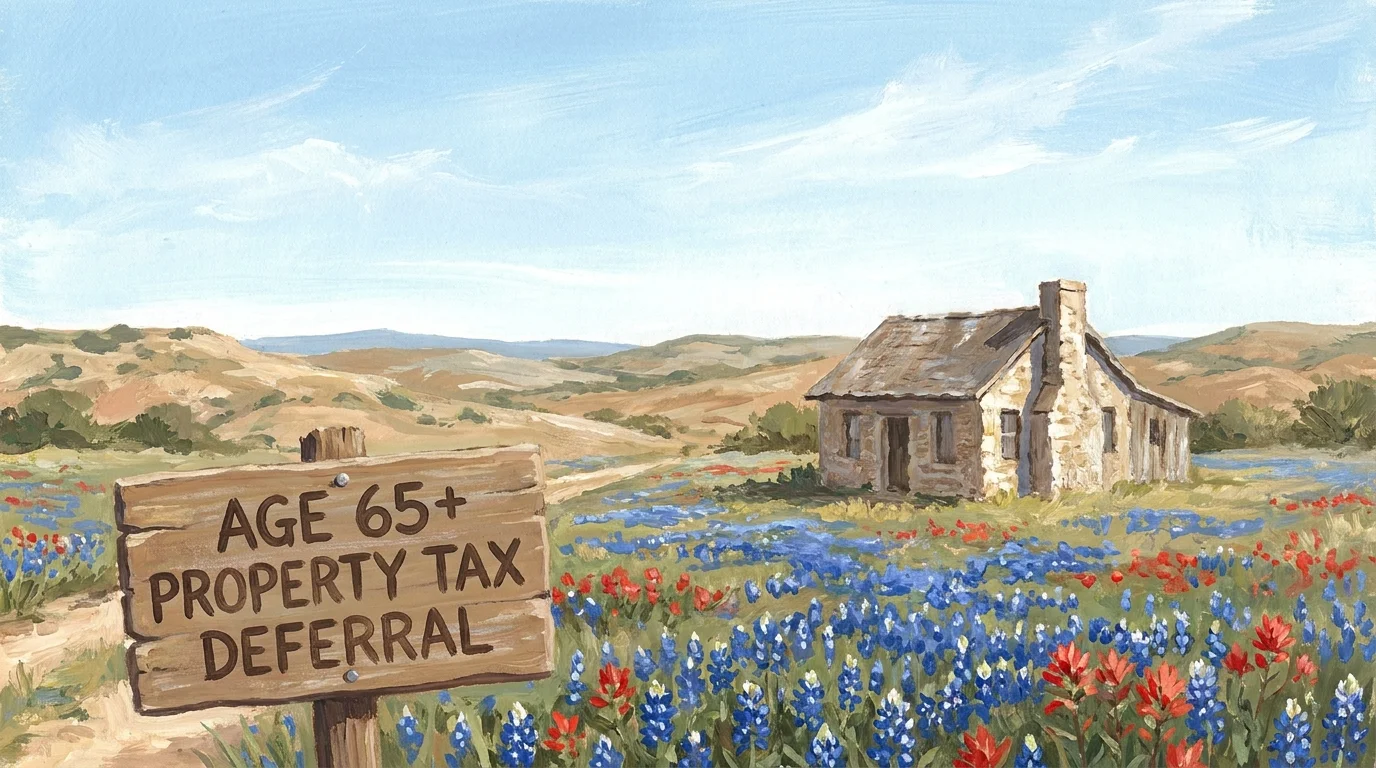 A gouache painting of a Texas home surrounded by bluebonnets with a sign highlighting property tax benefits for seniors.
