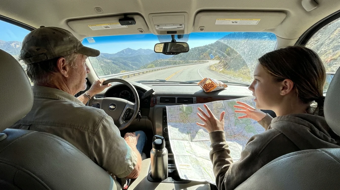 A grandfather and granddaughter on a road trip, with a paper map spread across the passenger seat.
