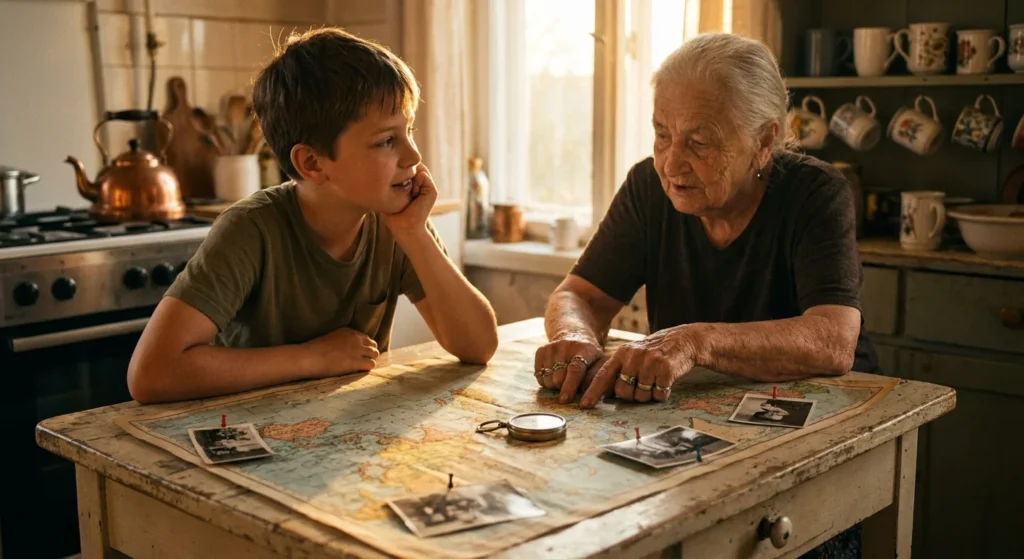 A grandmother and grandson explore a vintage map pinned with old family photos on a sunlit kitchen table.