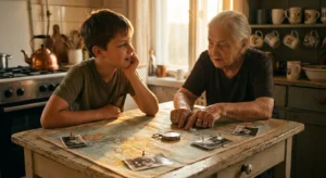 A grandmother and grandson explore a vintage map pinned with old family photos on a sunlit kitchen table.