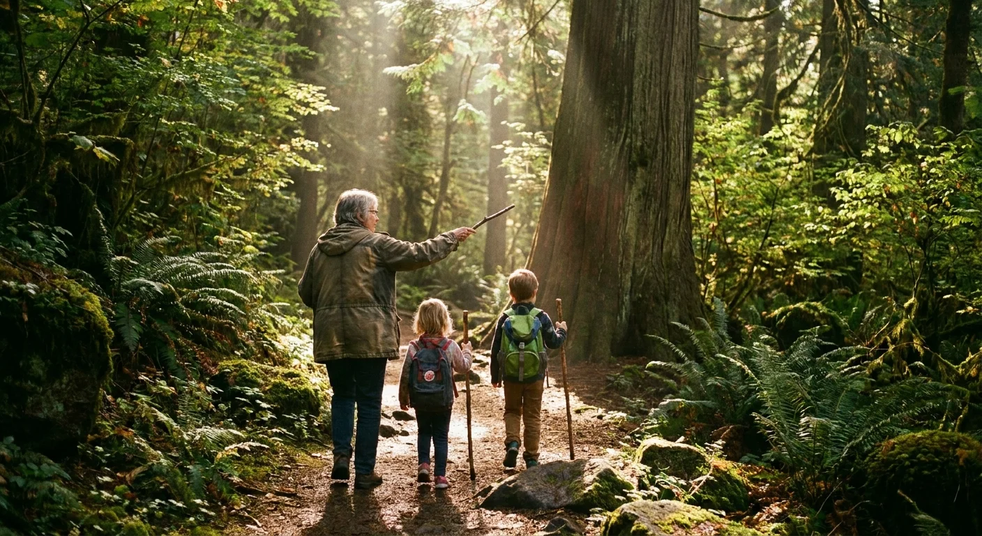 A grandmother and two grandchildren hiking through a sun-dappled forest trail.