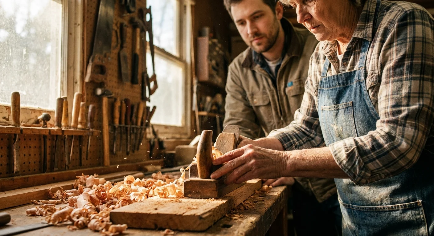 A grandmother teaches her grandson how to use a woodworking tool in a sunlit workshop.