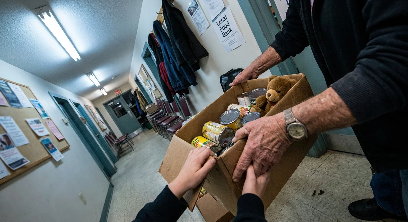 A grandparent and child's hands together hold a box of food donations at a local community center.