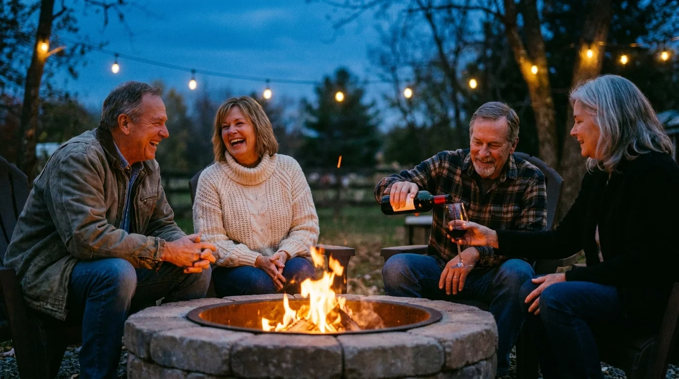 A group of retired friends laughing around a fire pit at dusk, illustrating a new social circle based on shared interests.