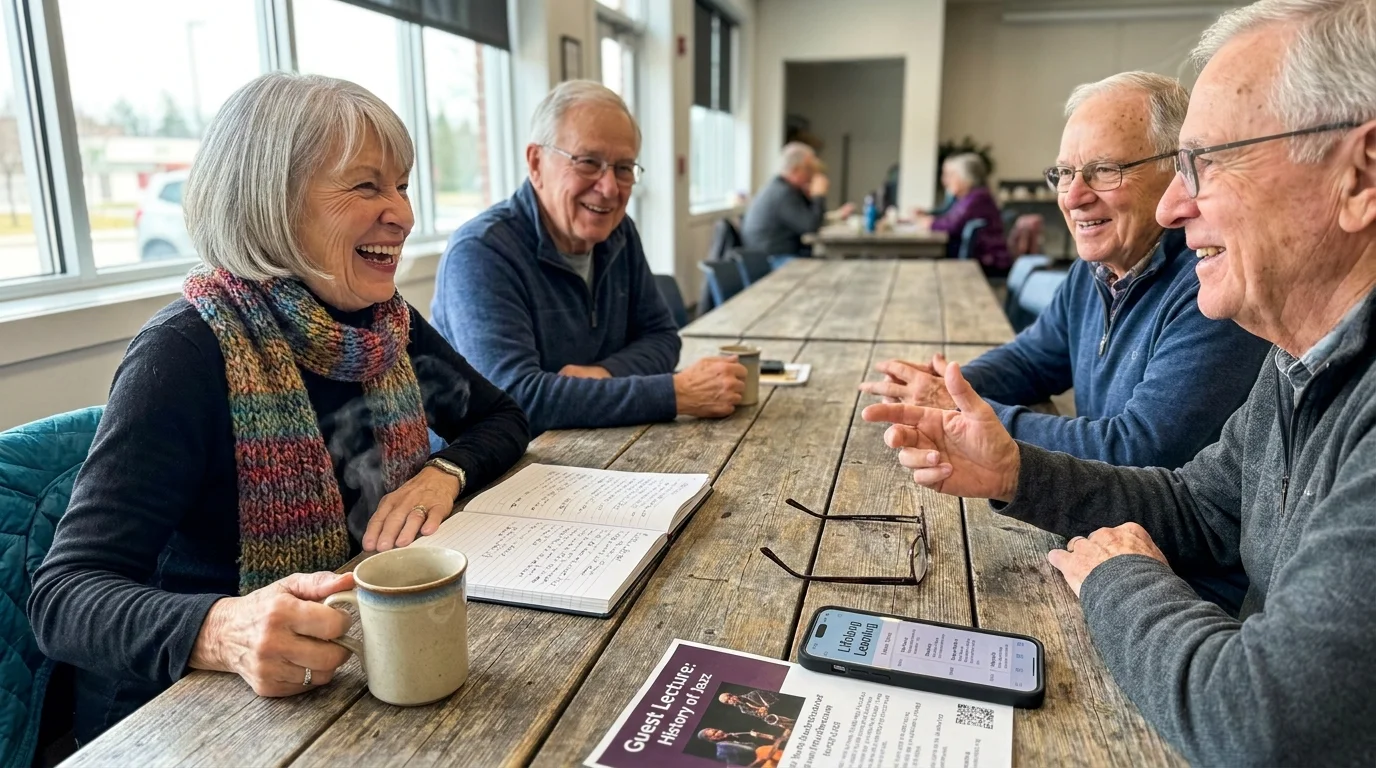 A group of seniors laughing and talking over coffee at a community center after a lifelong learning class.