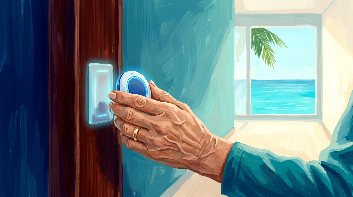 A hand-painted illustration of a senior traveler using a wearable medallion to unlock a cruise cabin door.