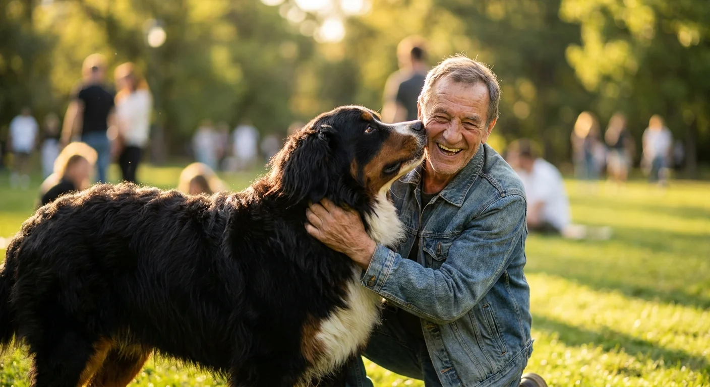 A happy retiree playing with a large dog in a park, representing the joy of pet sitting jobs.