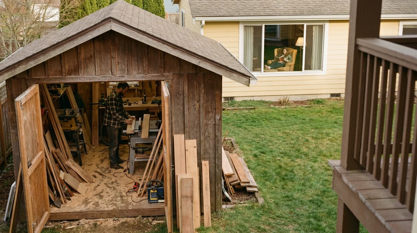 A high-angle photo of a couple spending time in separate areas of their property, one in a shed and one in the house.