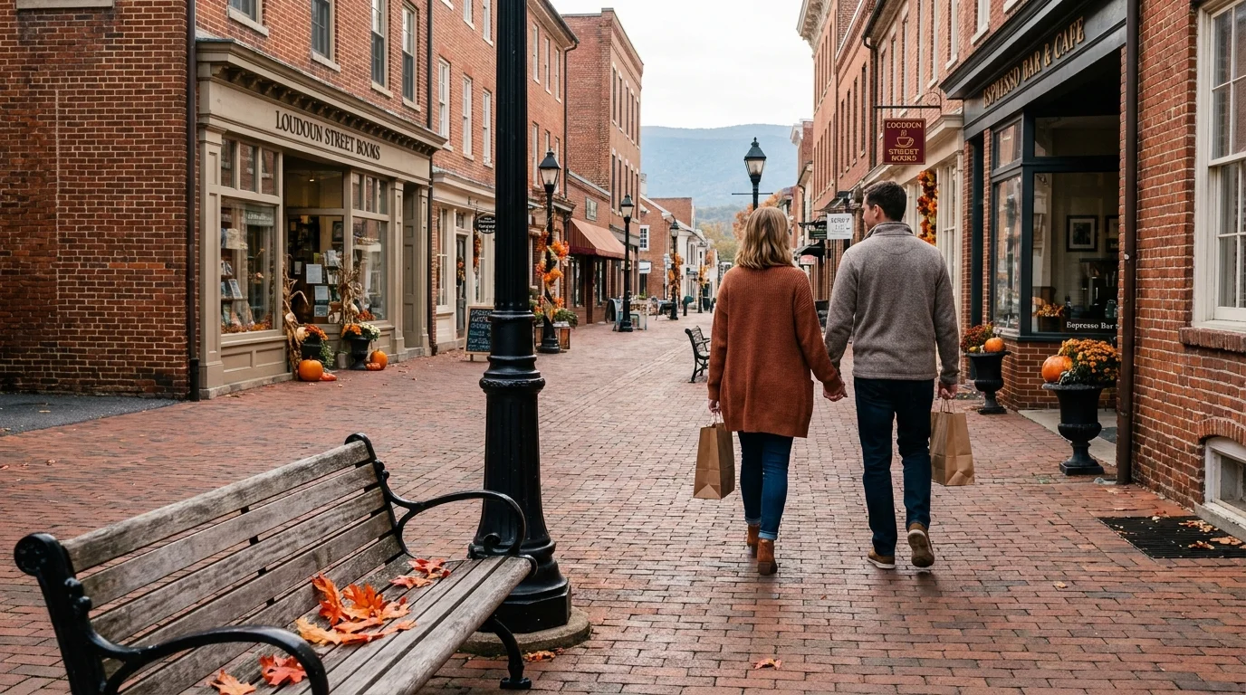 A historic brick-paved street in Winchester, Virginia, lined with shops and autumn trees under a soft afternoon light.