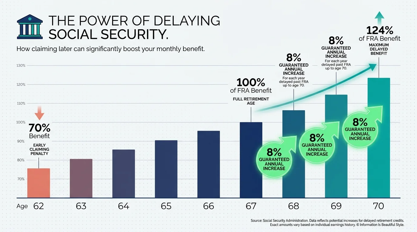 A horizontal bar chart showing how Social Security benefits increase by 8% each year delayed from age 62 to age 70.