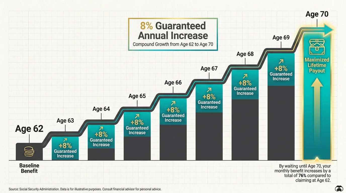A horizontal bar chart showing Social Security benefits increasing by 8 percent each year from age 62 to age 70.