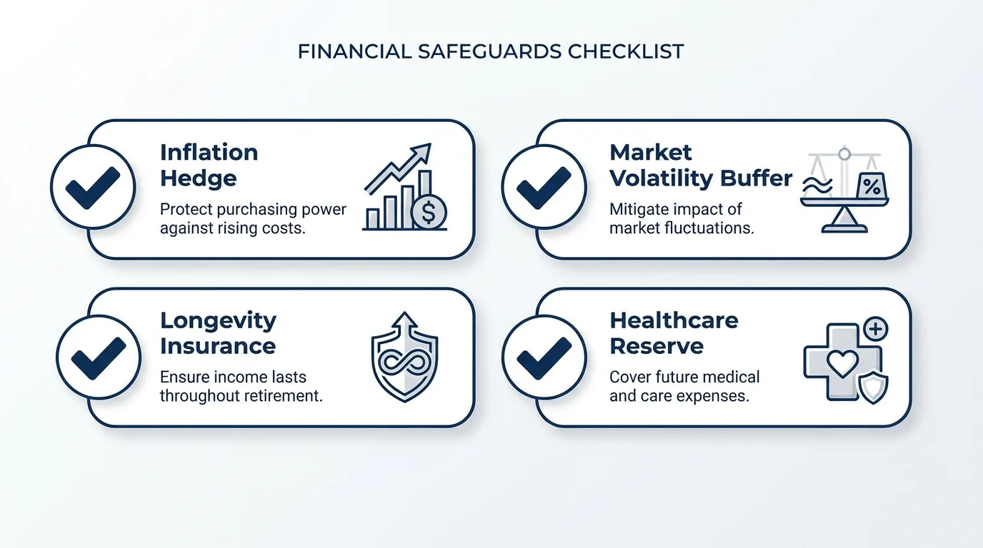 A horizontal checklist showing four critical safeguards for retirement: Inflation, Longevity, Market, and Healthcare.