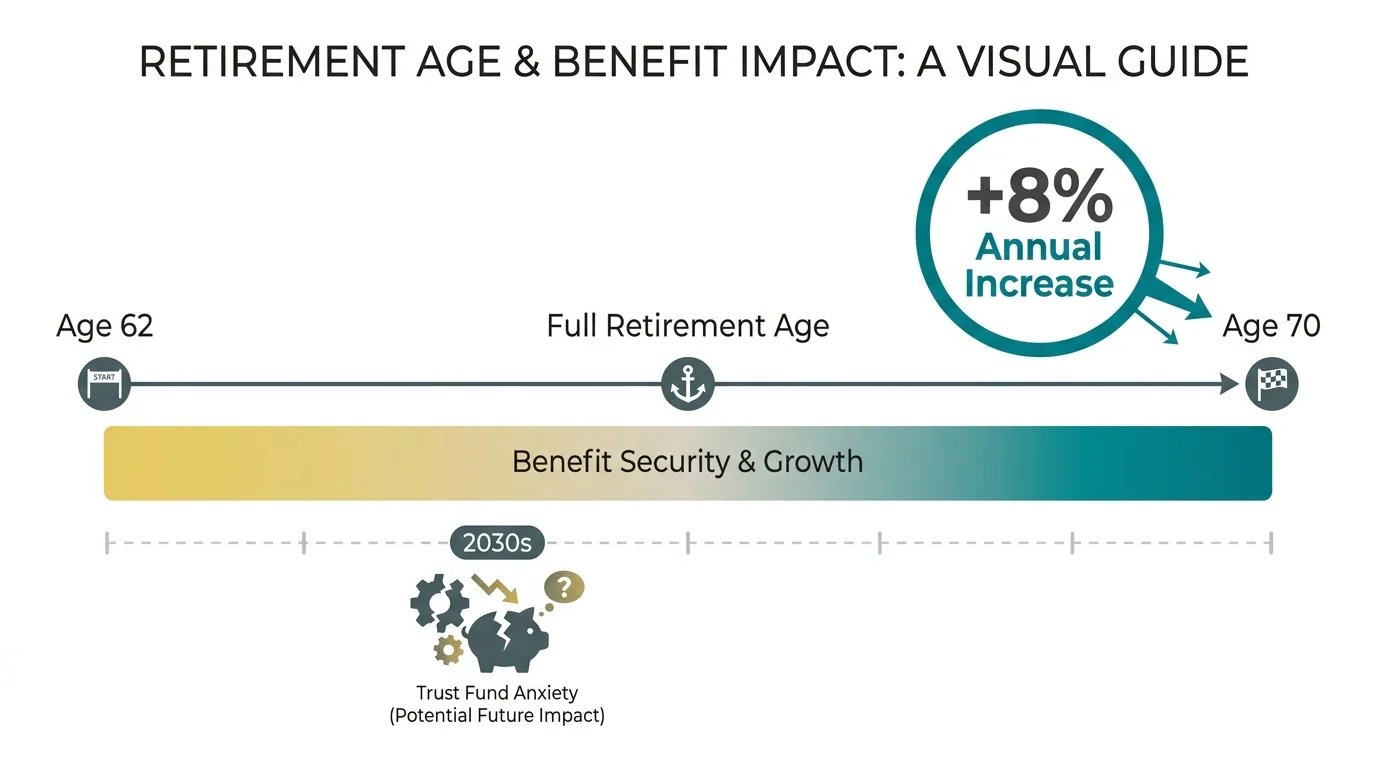 A horizontal diagram comparing Social Security claiming ages, highlighting the 8 percent annual increase for waiting until age 70.