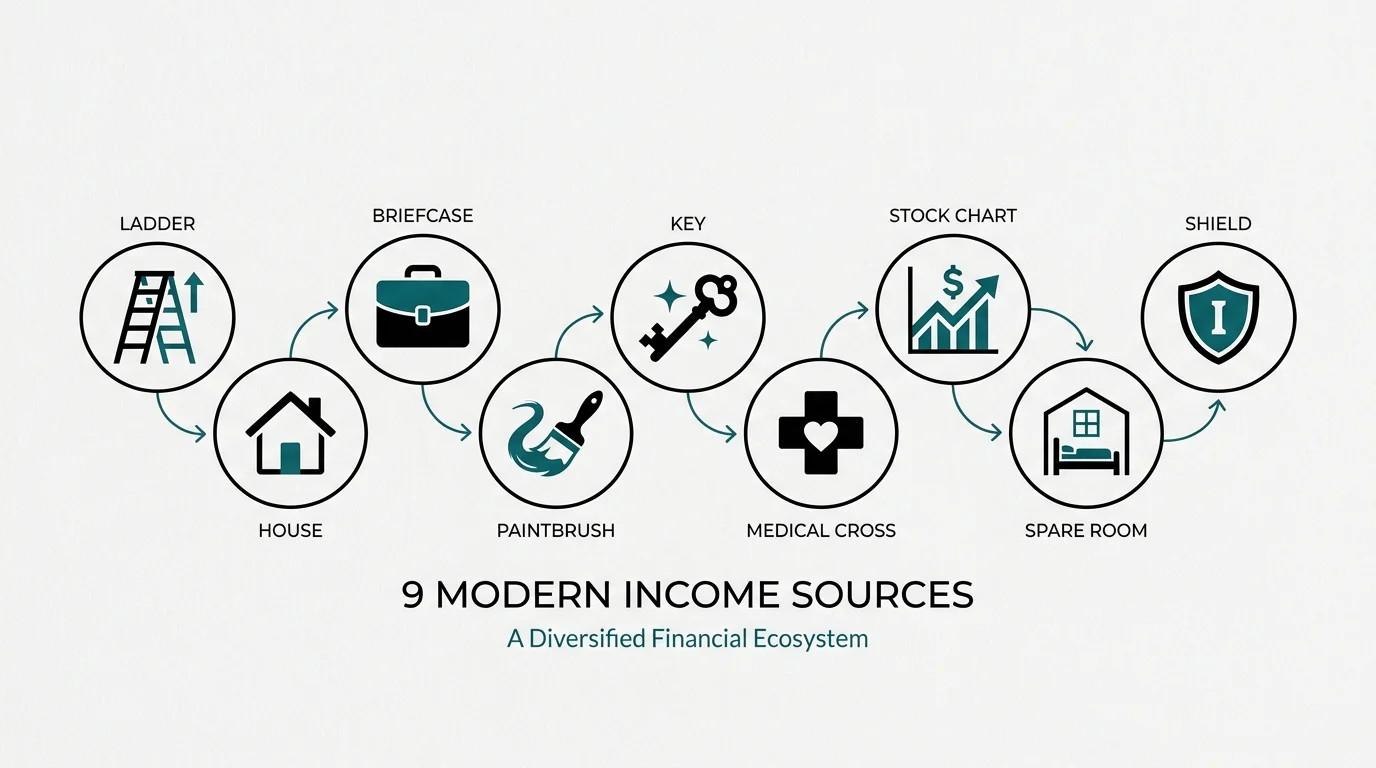 A horizontal diagram representing nine different streams of retirement income as an interconnected ecosystem.
