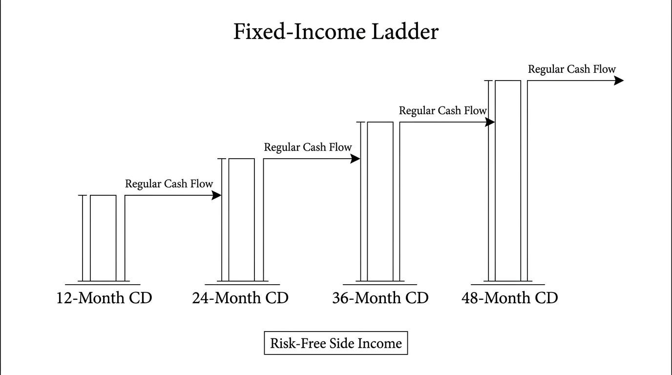 A horizontal diagram showing a CD ladder with four different maturity dates for regular cash flow.
