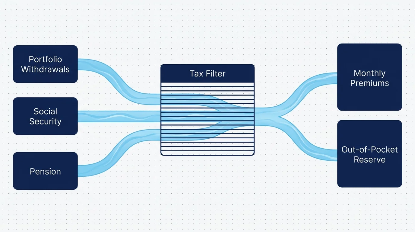 A horizontal diagram showing retirement income sources flowing through a tax filter into healthcare payment basins.
