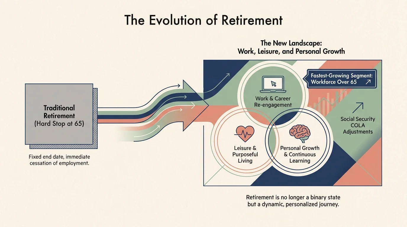 A horizontal diagram showing the transition from traditional retirement to a dynamic phase of work and personal growth.