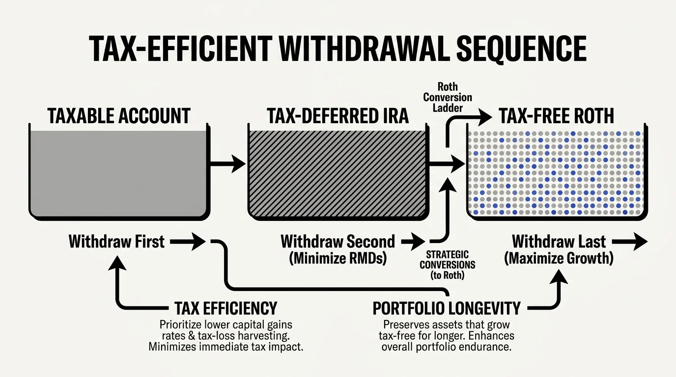 A horizontal flow diagram showing the strategic sequence of withdrawals from taxable, tax-deferred, and tax-free accounts.
