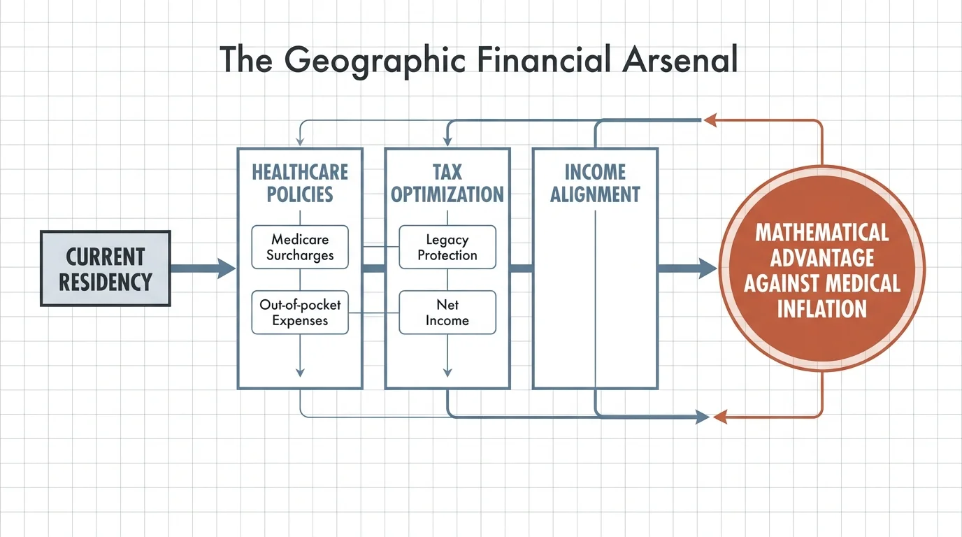 A horizontal flowchart showing how location influences healthcare policies, tax optimization, and income alignment to combat inflation.