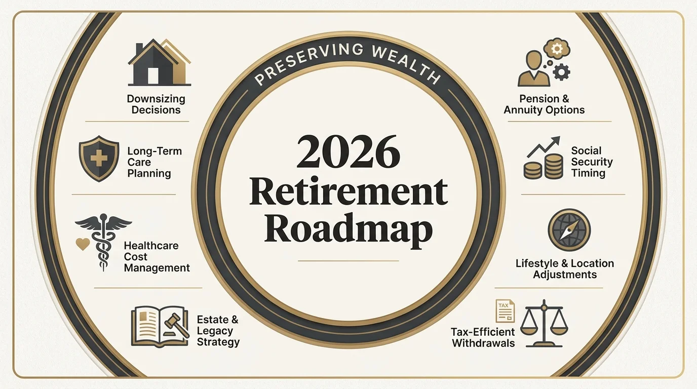 A horizontal infographic summarizing the eight financial decisions for retirees in 2026.