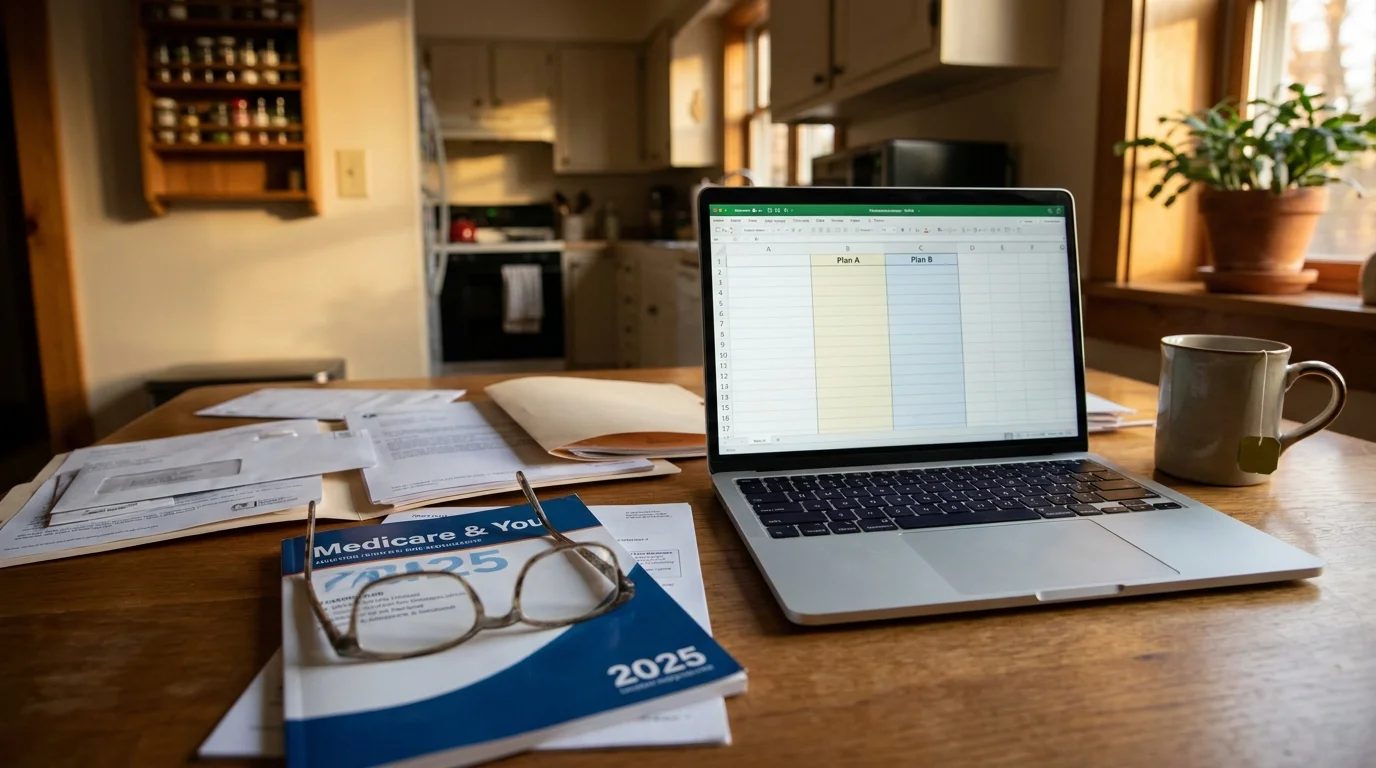 A kitchen table with a Medicare handbook, reading glasses, and a laptop, showing the reality of retirement planning at home.
