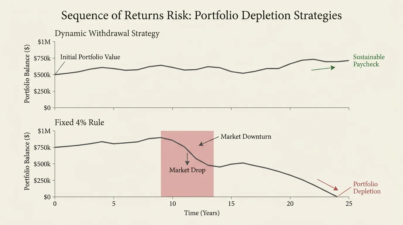 A line graph comparing a dynamic withdrawal strategy against the traditional 4% rule during a market downturn.