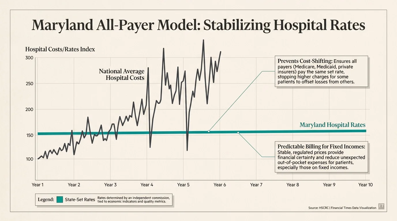 A line graph comparing Maryland's stable, state-set hospital rates against a volatile national average.
