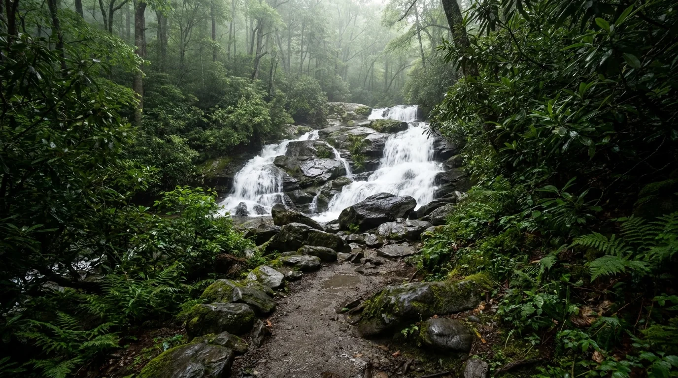 A lush forest trail leading to a powerful waterfall in the woods of Brevard, North Carolina.