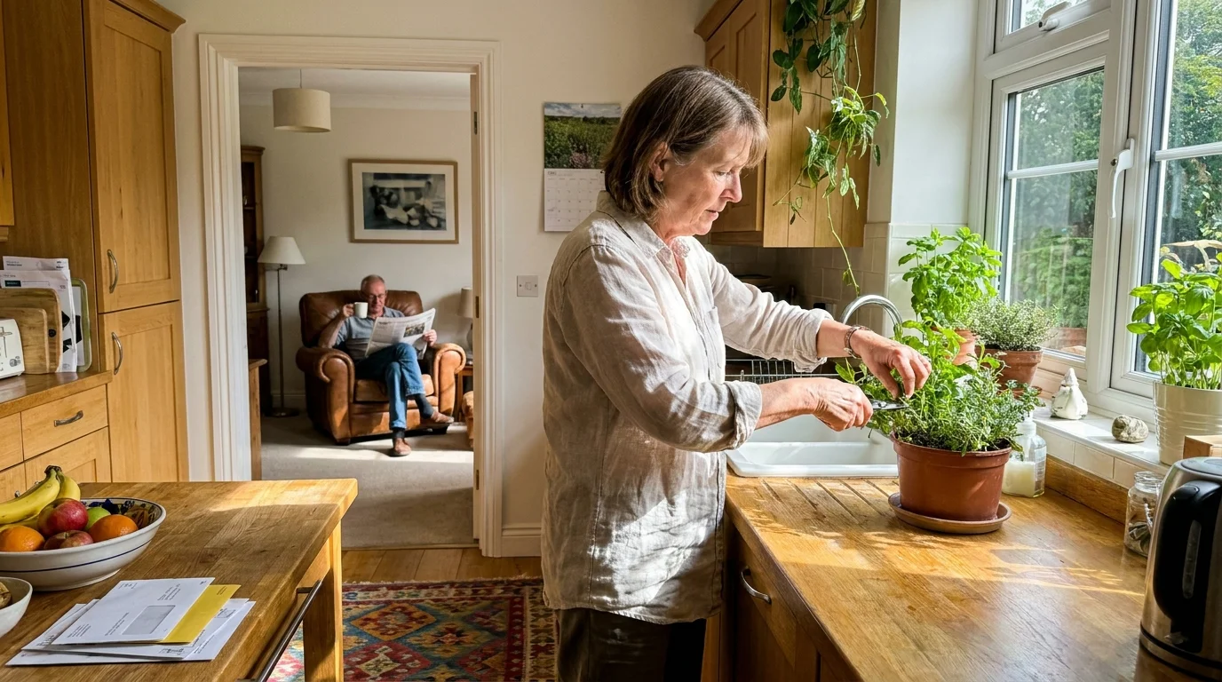 A man and woman in their 60s engaging in separate activities in different rooms of their home, showing new domestic rhythms.