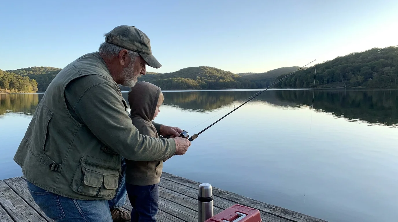 A man in a fishing vest teaches a child to fish on a quiet lake in the Ozark Mountains of Bella Vista, Arkansas.
