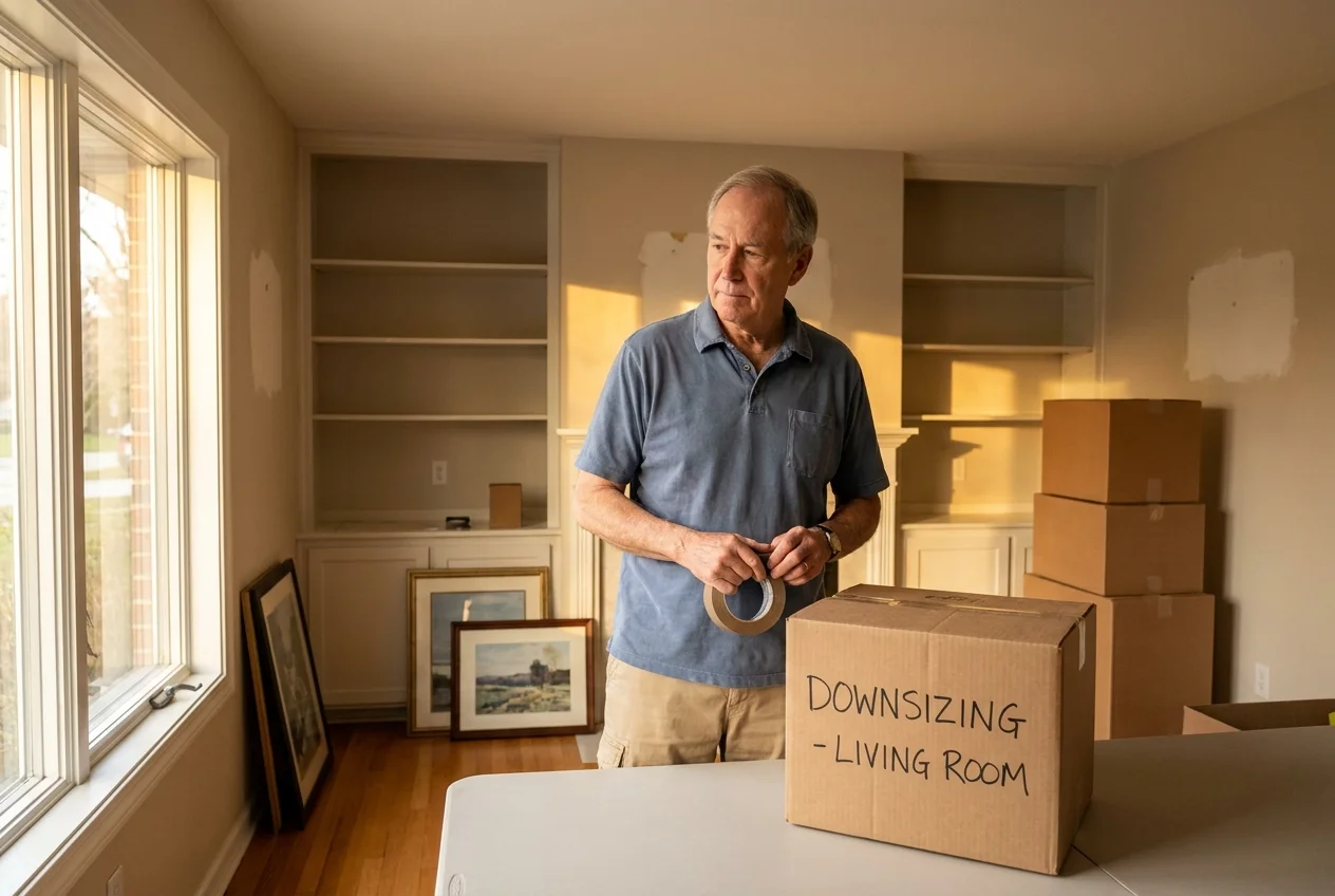 A man in a living room with packing boxes labeled for downsizing, representing a lifestyle budget adjustment.