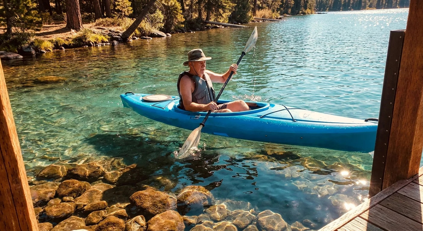 A man in his 60s kayaking on a clear lake, showing the active lifestyle benefits of waterfront living.