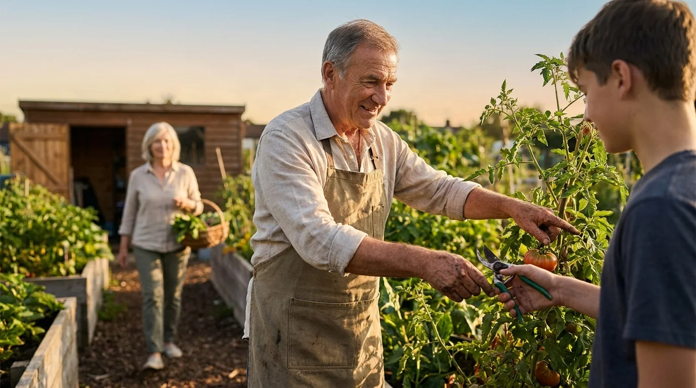 A man in his 60s teaches a younger person how to prune plants in a sun-drenched community garden.